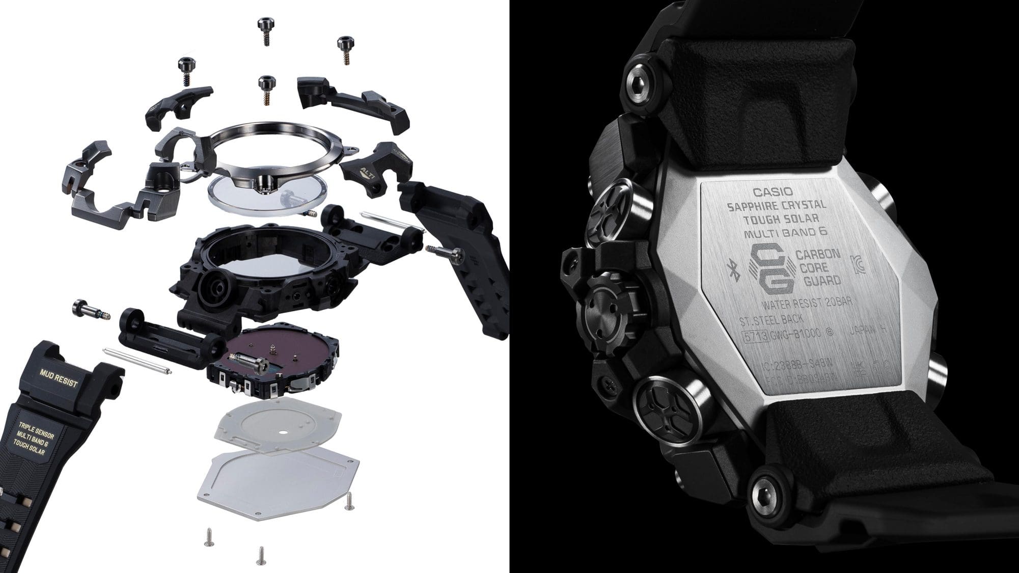 Izquierda: los componentes individuales del reloj para actividades al aire libre GWG-B1000-1A separados entre sí; derecha: la parte trasera de la carcasa del reloj de pulsera