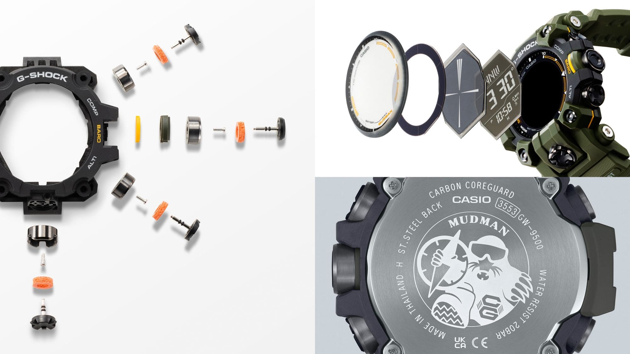 Izquierda: piezas individuales de la carcasa del reloj Casio G-Shock GW-9500-3, arriba a la derecha: los componentes individuales del reloj para actividades al aire libre separados entre sí, abajo a la derecha: la parte trasera de la carcasa con grabado de topo