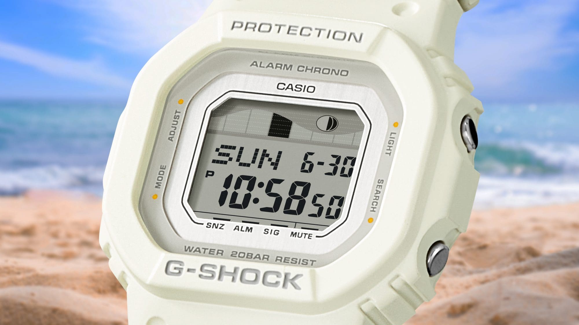 El reloj blanco para mujer Casio G-Shock GLX-S5600-7B con un motivo playero