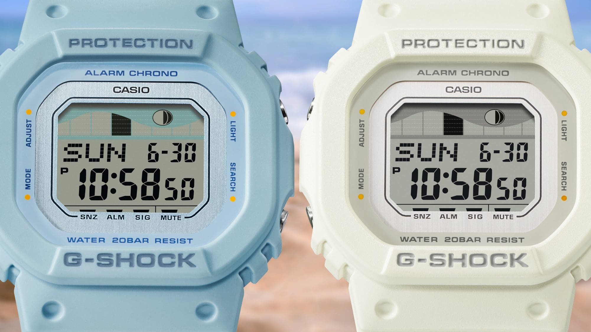 El reloj de pulsera azul claro GLX-S5600-2 junto al reloj blanco GLX-S5600-7B 