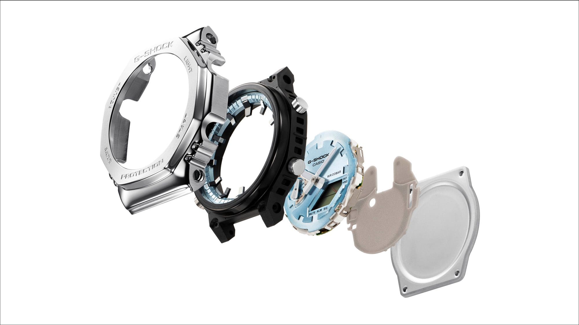 Les composants du boîtier d'une montre Casio G-Shock GM-2110D