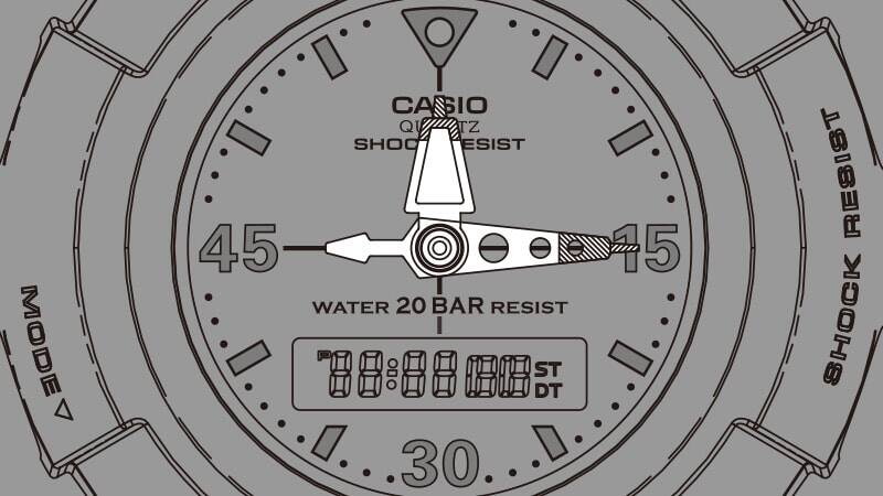 Croquis d'une Casio G-Shock AW-500 en gris, les aiguilles sont soulignées en blanc