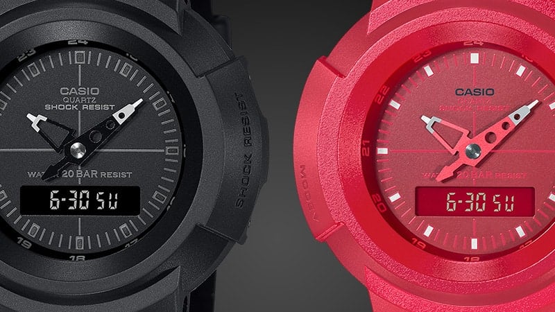 À gauche : Gros plan sur le cadran de la montre Casio G-Shock AW-500BB noire, à gauche : Gros plan sur le cadran de la Casio G-Shock AW-500BB rouge.
