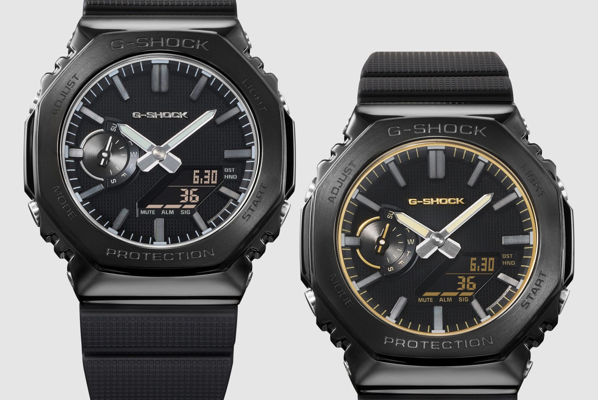Comparaison côte à côte des G-Shock GM-2100-1A (à gauche) et GM-2100LXB-1A9 (à droite), avec boîtiers octogonaux noirs et cadrans analogiques-numériques rehaussés d'accents argentés et dorés.