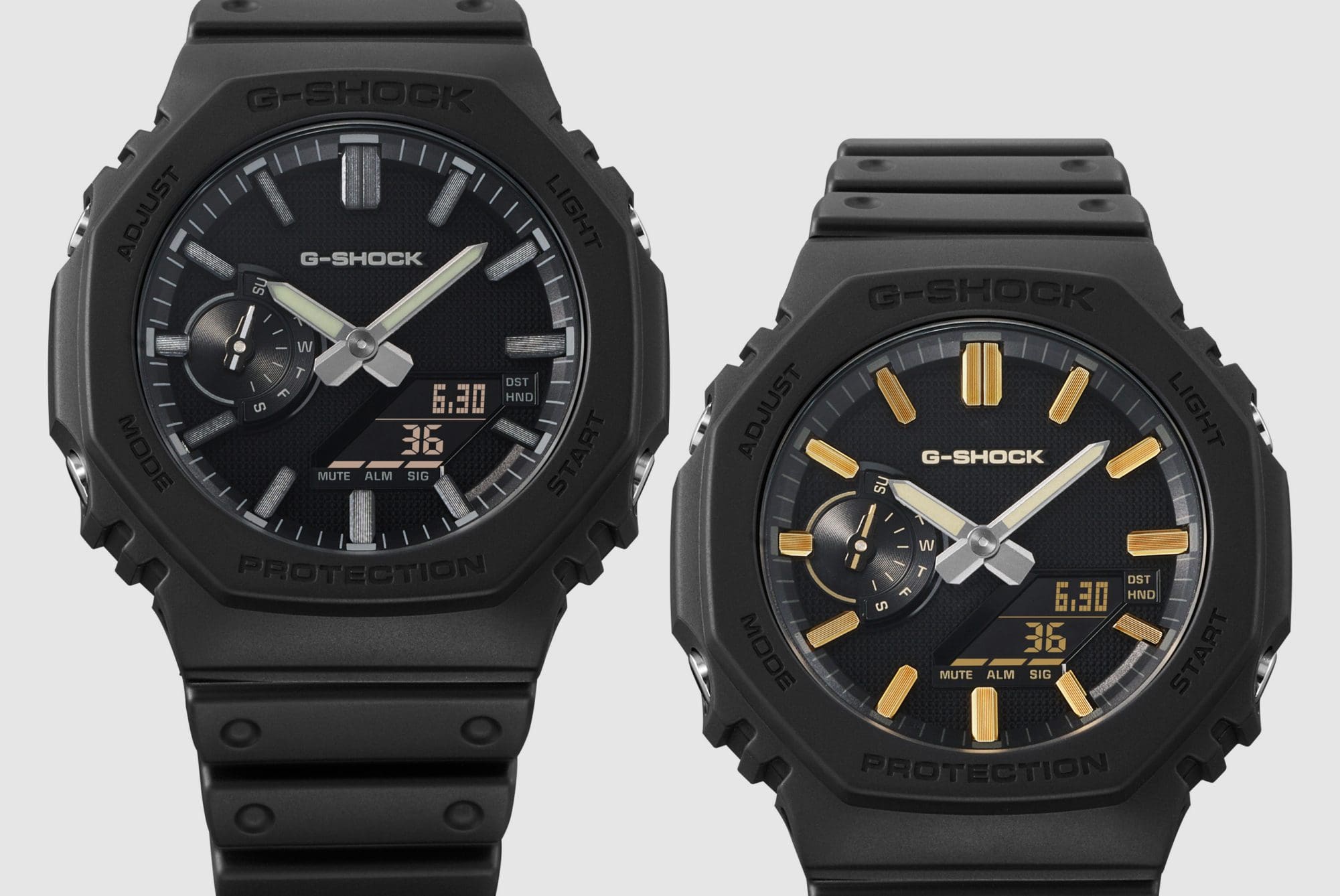 Comparaison côte à côte des G-Shock GA-2100LXB-1A (à gauche) et GA-2100LXB-1A9 (à droite), avec boîtiers octogonaux noirs mats et cadrans analogiques-numériques rehaussés d'accents argentés et dorés.