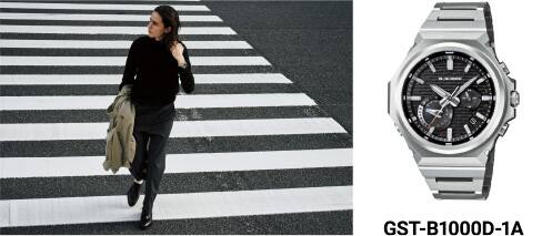 À gauche, une personne marche sur un passage piéton ; à droite, une photo de la montre métallique GST-B1000D-1A avec sa lunette analogique noire. L’image possède un lien qui renvoie vers la page du produit.