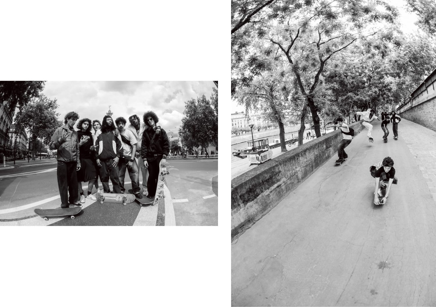 Groupe de jeunes parisiens se tenant ensemble dans une rue, représentant la communauté du skate et de la culture de rue de la ville.