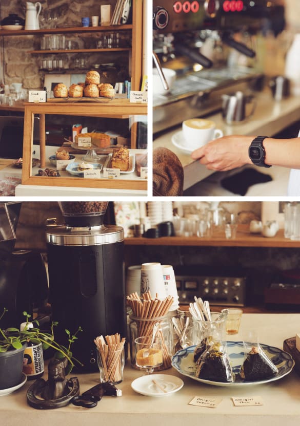 Cette photo montre le café et les desserts servis à Dreamin Man dans un cadre chaleureux.