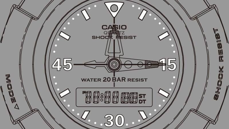 Croquis du cadran d'une montre Casio G-Shock AW-500, les repères des minutes sont soulignés en blanc