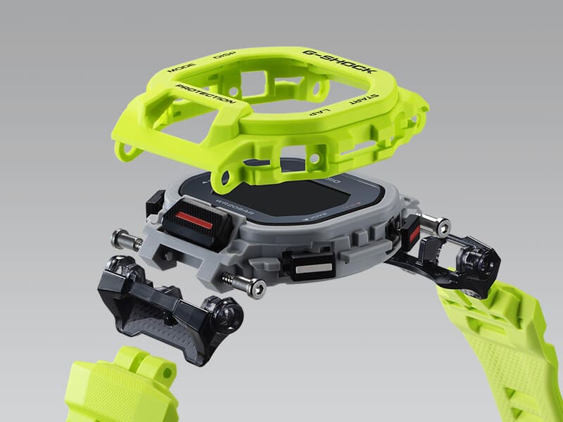 Les composants de la montre Casio G-Shock GBD-200-9 présentés séparément les uns des autres