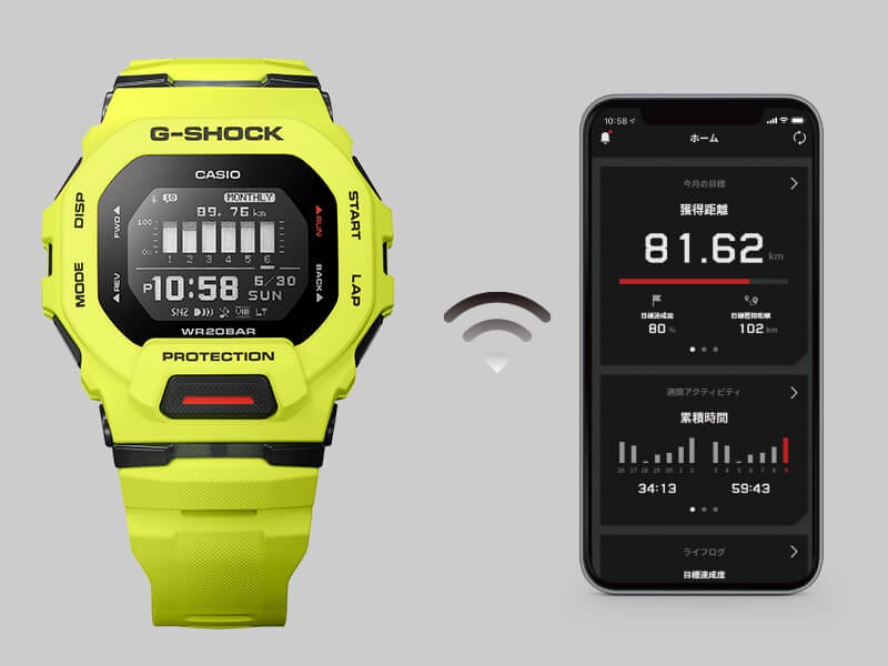 À gauche : La montre jaune G-SQUAD GBD-200-9 Bluetooth®, à gauche : un smartphone affichant des données de course, entre les deux : L'icône Wi-Fi