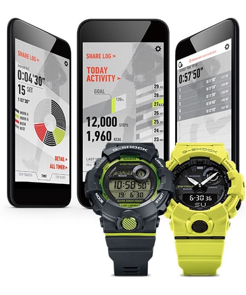 Devant : les deux montres de course Casio G-Squad GBA-800-1A et GBA-800-9A, derrière : Trois écrans de smartphone avec différentes vues de l'application G-SHOCK Connected.