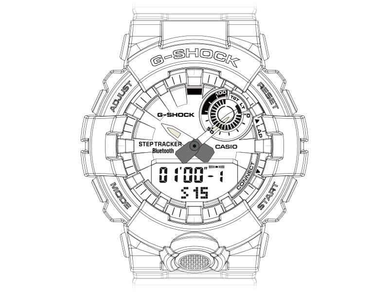 Croquis de l'écran d'une montre G-Squad GBD-800 avec minuterie à intervalles et affichage du temps restant