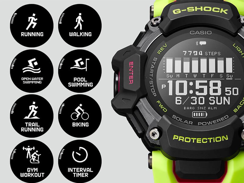Les points à côté de la montre Casio G-Squad GBD-H2000-1A9 S1A9 indiquent les activités qu'elle prend en charge.