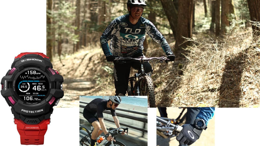 Quatre images : 1. une montre Casio G-Squad d'extérieur rouge avec indicateur de vitesse, 2. un homme fait du VTT dans une forêt, il porte une montre noire à son poignet gauche, 3. un homme fait du vélo de course, il porte une montre de sport à son poignet droit, 4. gros plan sur une main tenant une poignée de vélo, au poignet un modèle GSW-H1000 sombre.