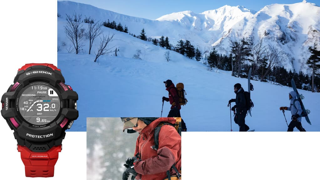 La Casio G-Squad GSW-H1000 avec bracelet rouge et lunette noire en mode enregistrement, à côté de deux images : 1. trois personnes dans des montagnes enneigées 2. quelqu'un en équipement d'hiver regarde sa montre.
