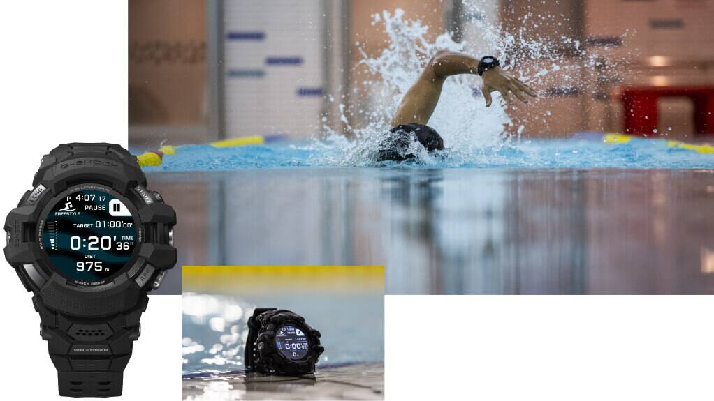 La Casio G-Squad GSW-H1000 noire avec affichage de natation freestyle, à côté deux images : 1. un nageur avec la montre au poignet, 2. la montre au bord de la piscine.