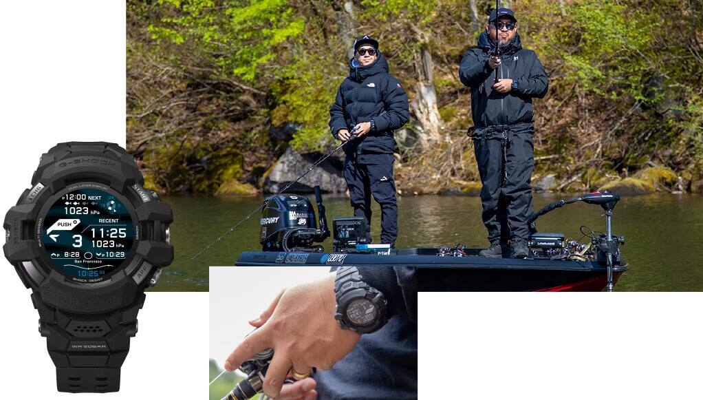 La Casio G-Squad GSW-H1000 noire avec affichage de la pêche, à côté deux images : 1. deux hommes sur un bateau en train de pêcher, 2. la montre au poignet d'un pêcheur