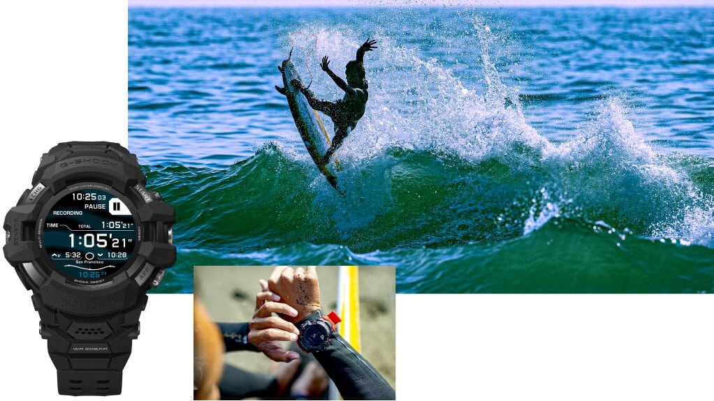 La Casio G-Squad GSW-H1000 noire en mode surf, à côté de deux images : 1. un surfeur en action, 2. la montre au poignet de quelqu'un en combinaison néoprène.