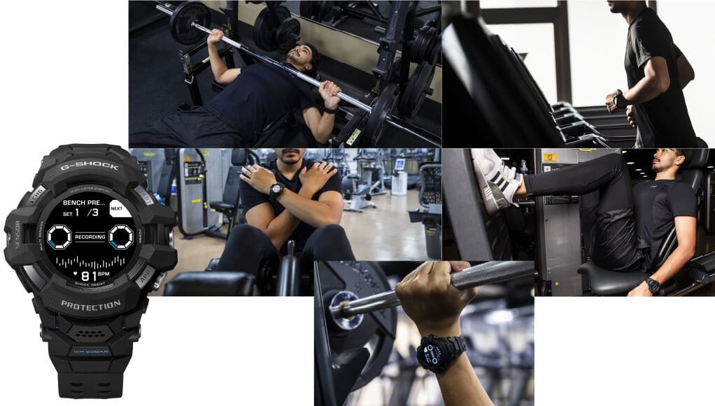 La Casio G-Squad GSW-H1000 noire avec affichage du mode d'entraînement, à côté : Collage avec des impressions de style de vie de la montre au poignet d'un homme qui s'entraîne dans une salle de sport.