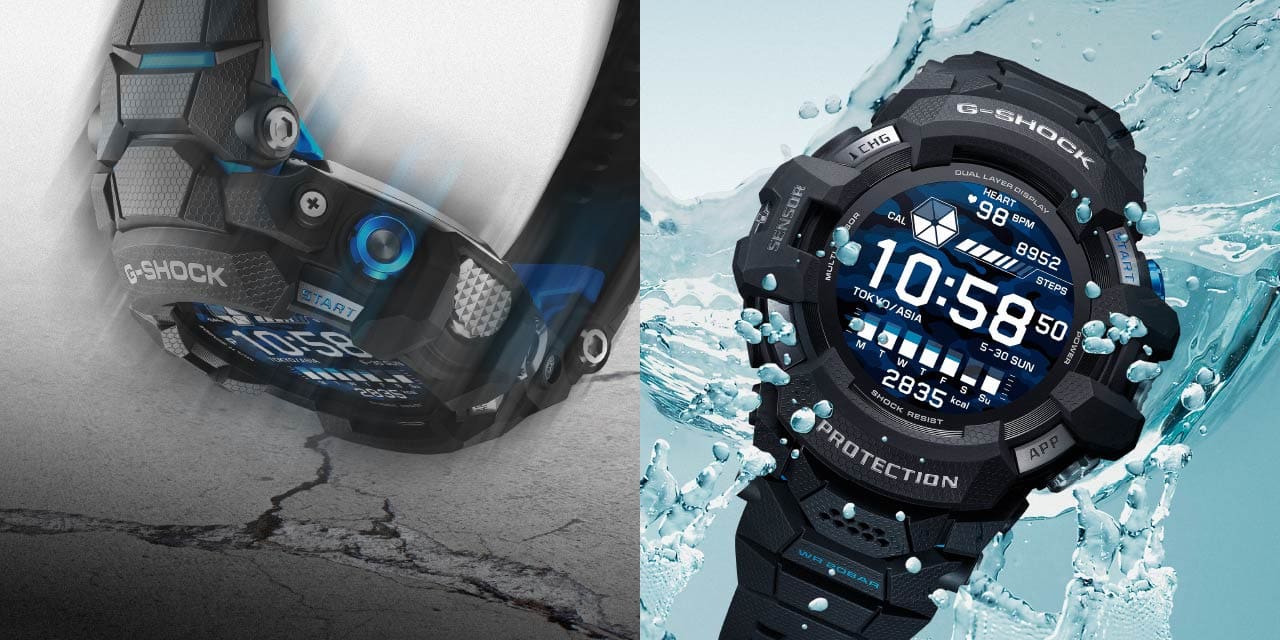 À gauche : Photo floue d'une montre d'extérieur GSW-H1000 en train de tomber, à droite : un modèle GSW-H1000 dans des éclaboussures d'eau.