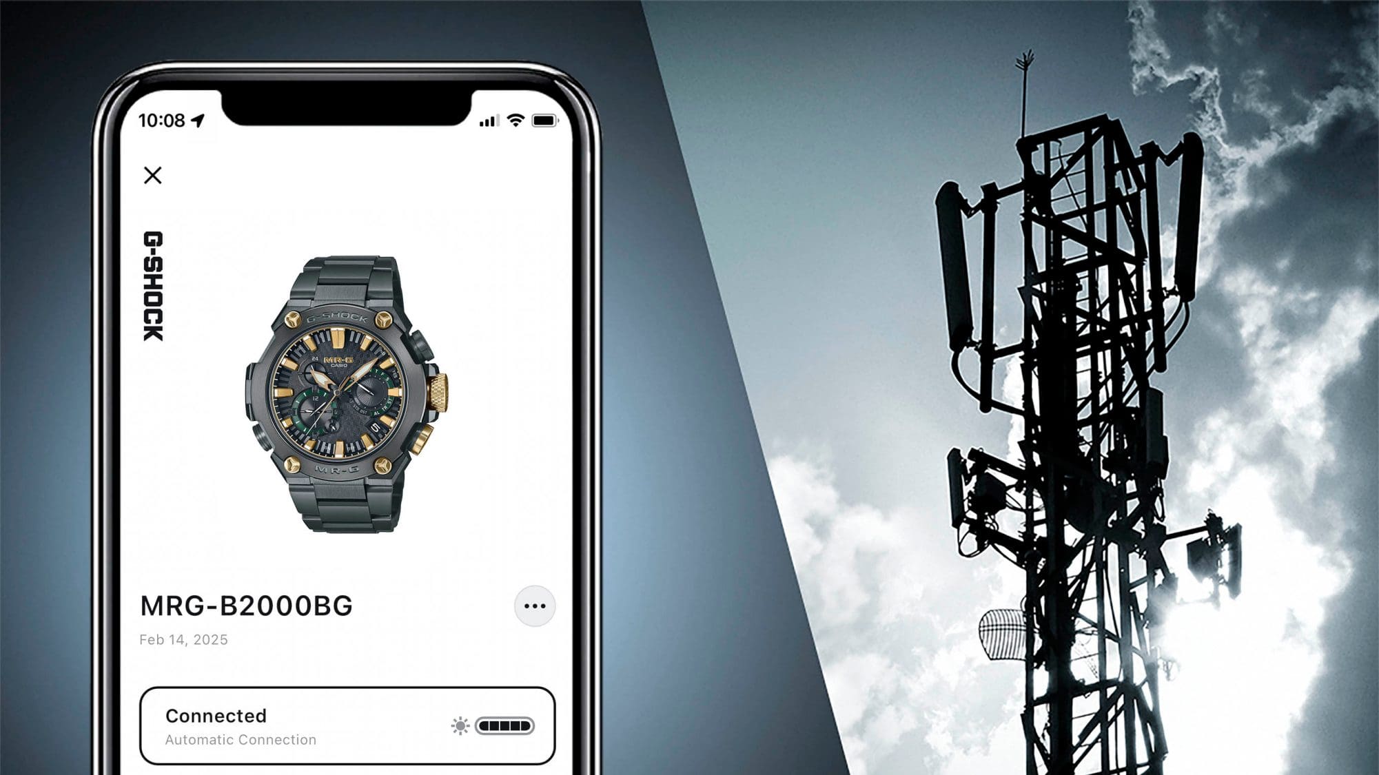 Un smartphone avec l'application CASIO Watches sur l'écran à côté d'une tour radio