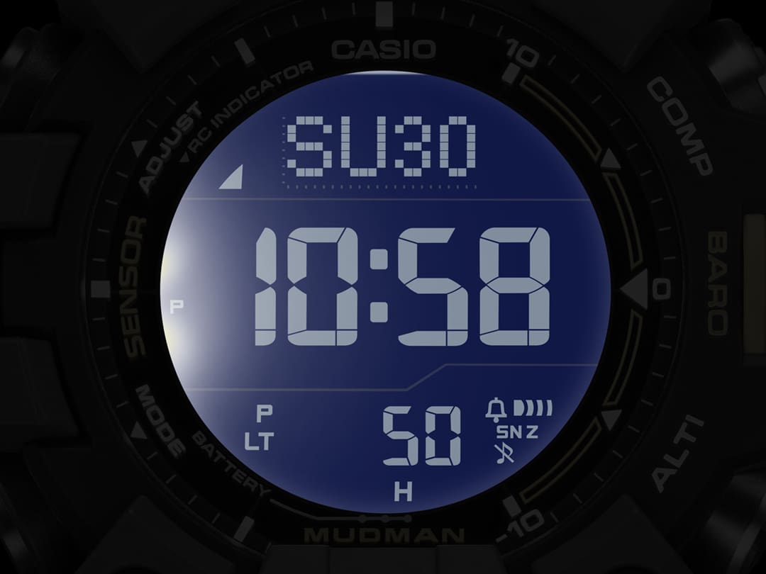 L'écran éclairé et très lisible d'une montre radio-pilotée GW-9500-3