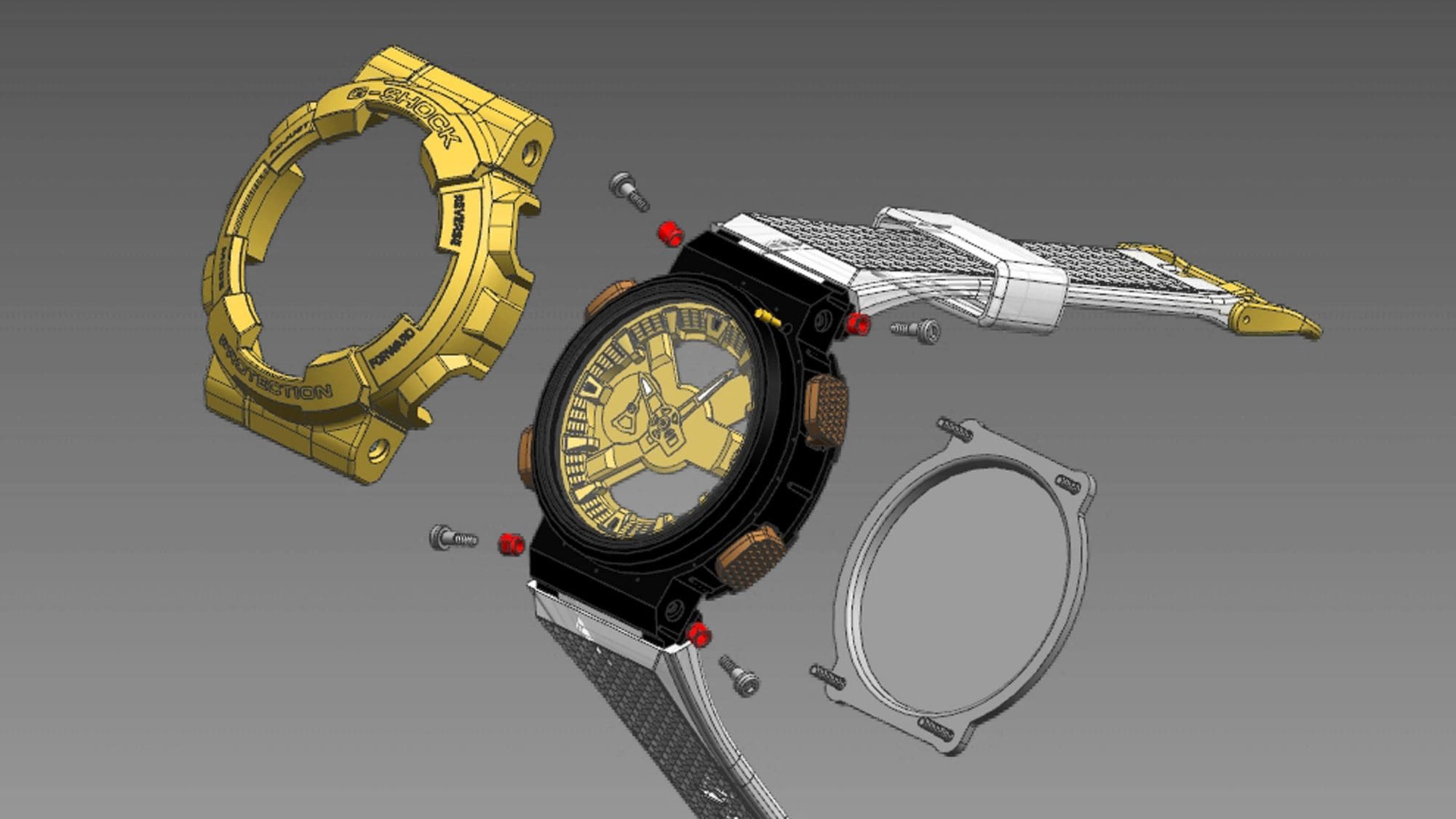 Struktur tahan guncangan yang dilengkapi bezel logam dengan bentuk yang kompleks