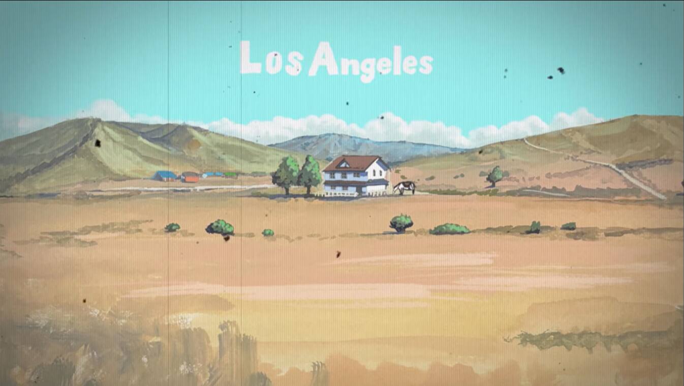Una piccola casa bianca con tetto marrone si trova in un paesaggio spoglio e collinare di prateria. Contro un cielo turchese, la scritta “Los Angeles” risalta in bianco. L’immagine apre il video YouTube in una nuova finestra: THISTIME magazine N. 002 Special Animation featuring the DW‑6900 by Tatsuya Yokosaka | CASIO G‑SHOCK
