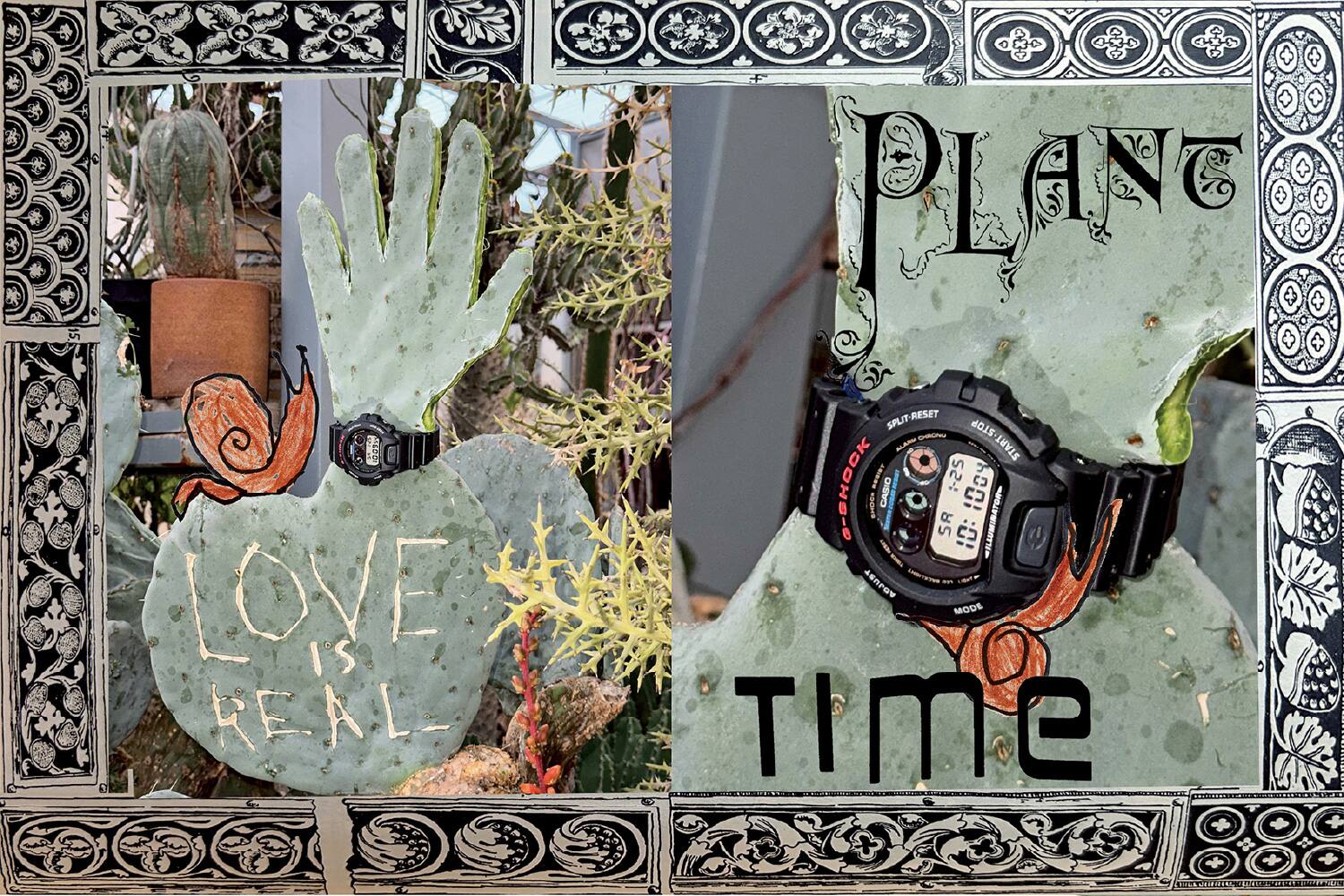 L'opera d'arte DW-6900 con la scritta "love is real" su un cactus scolpito a forma di mano.