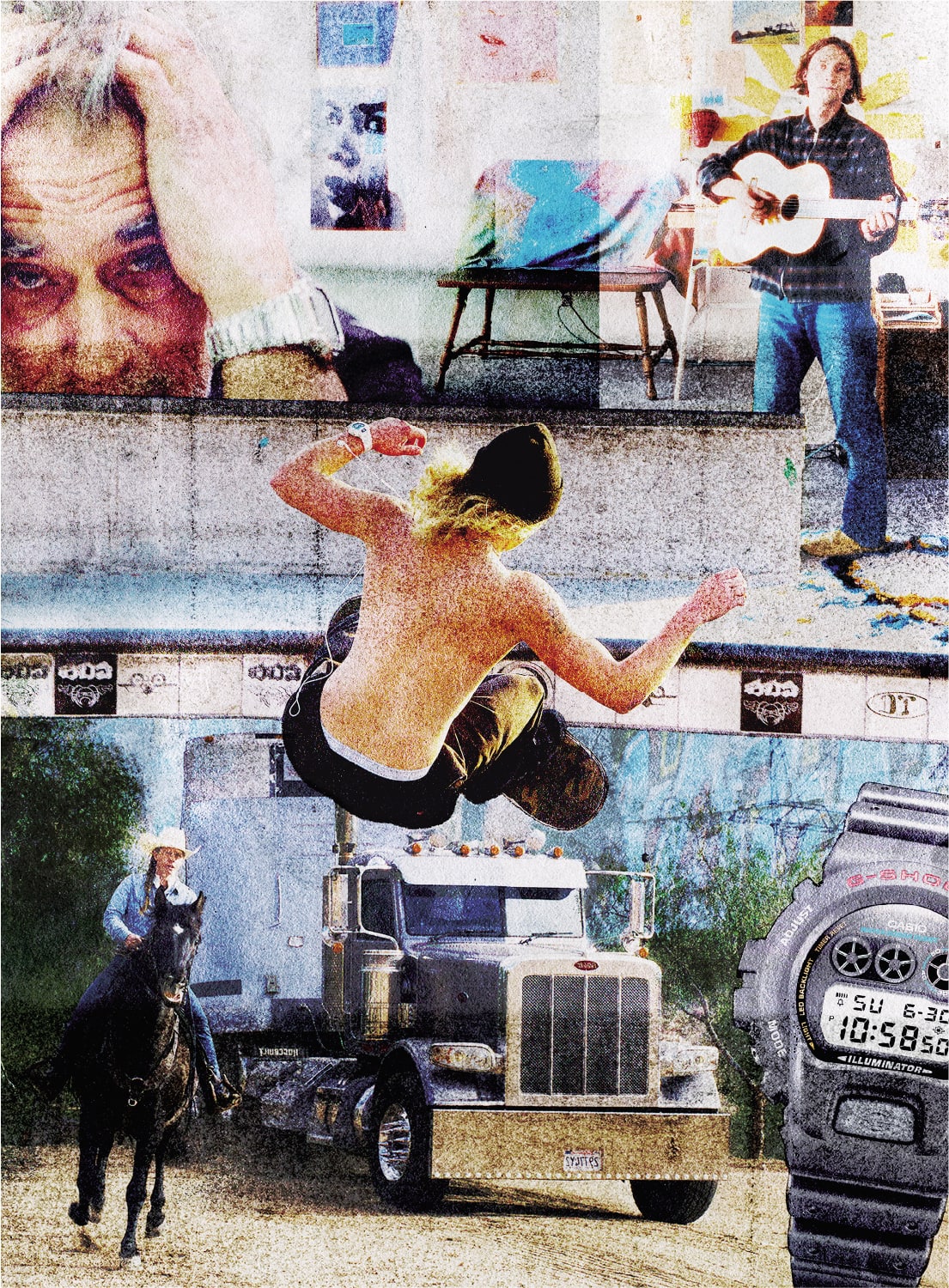 Un uomo su uno skateboard accanto a un orologio Casio, sullo sfondo una persona a cavallo con un camion, in alto una persona che suona la chitarra e un uomo che si sostiene la testa con le mani.