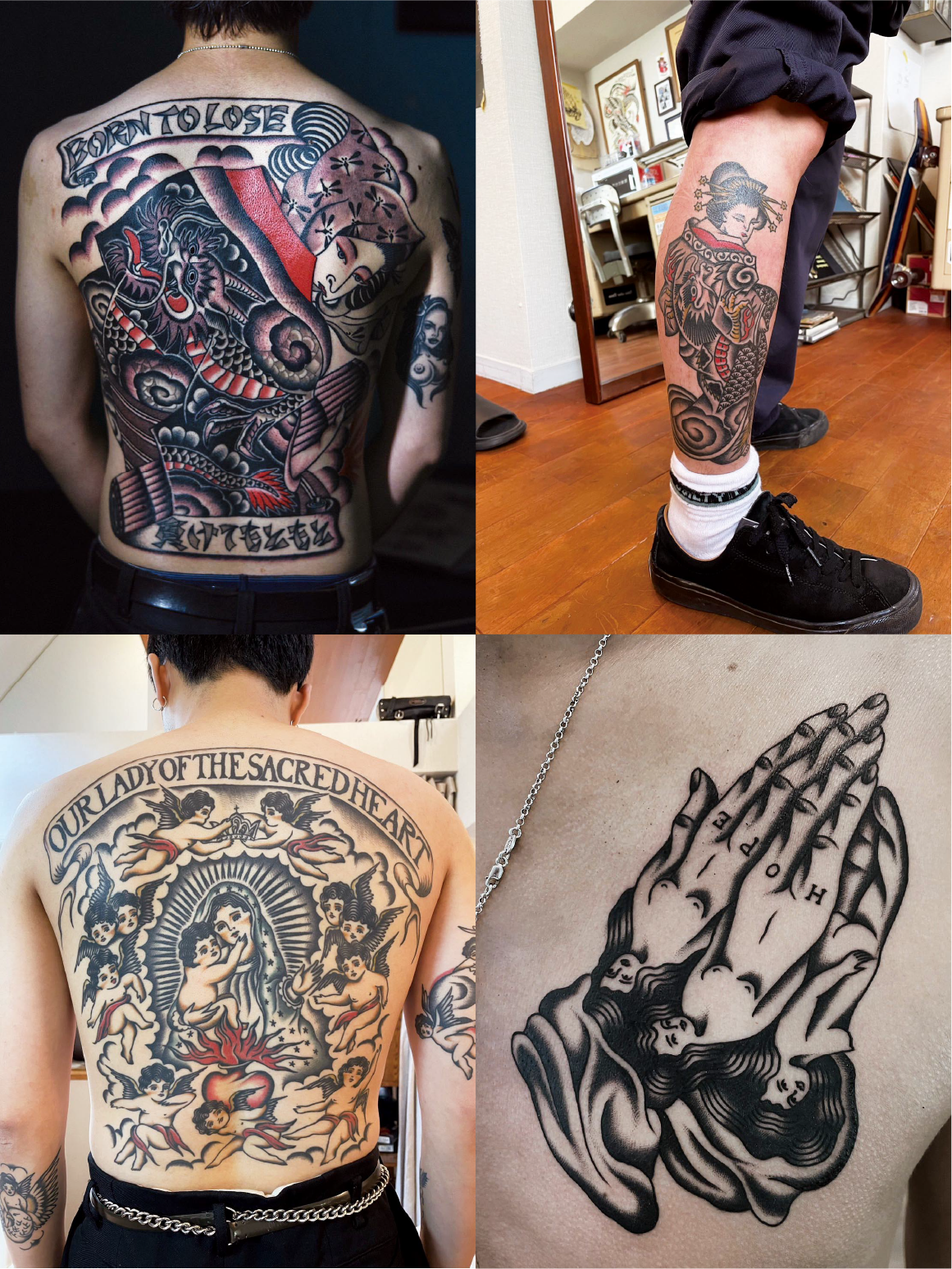Galleria del portfolio di tatuaggi di Yamada con motivi differenti.