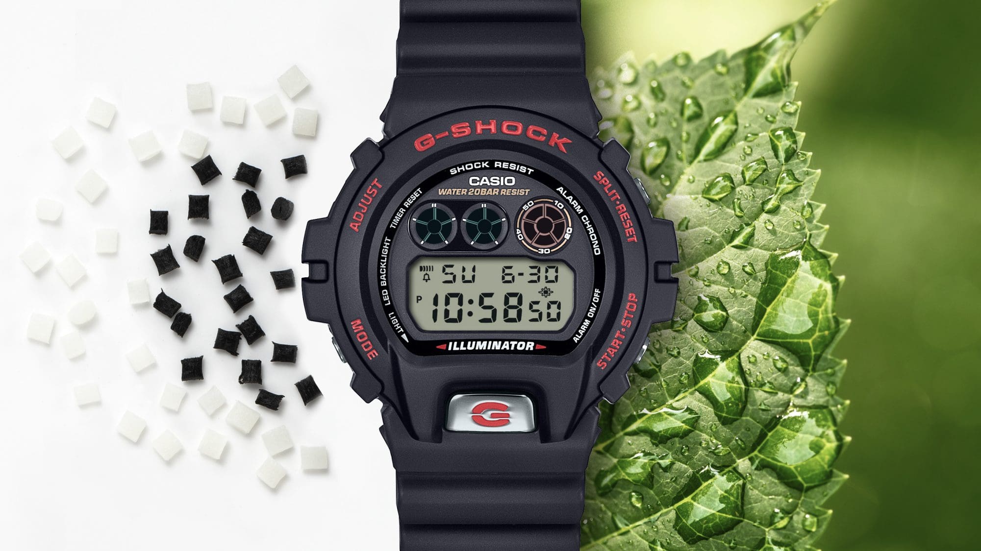 L'orologio digitale DW-6900 nero accanto a pellet di resina biobased a sinistra, una foglia verde a destra
