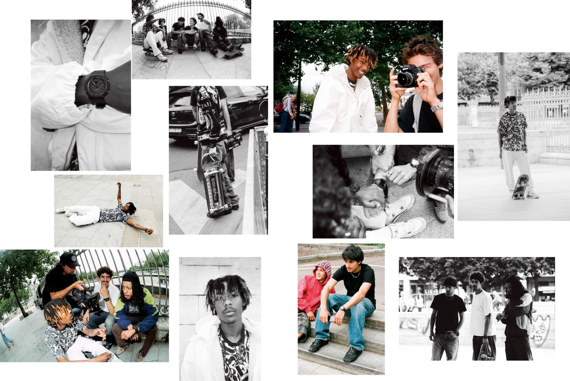 スケートボーダーやストリートフォト、仲間との交流など、パリのユースカルチャーの日常を捉えた写真コラージュ。