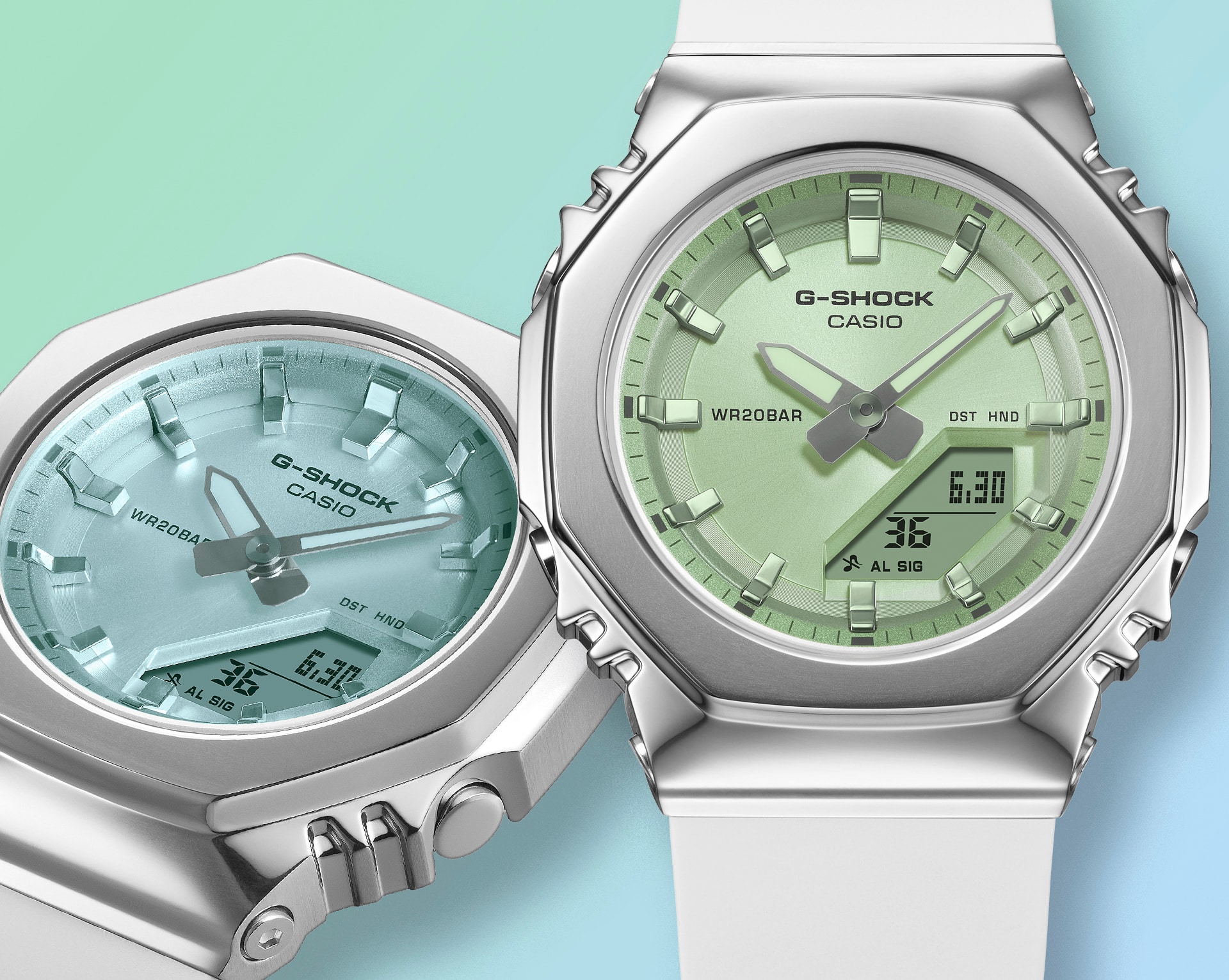 見る角度で表情を変える全面ガラス蒸着とメタルベゼルを見せるGM-S2110SR-7A画像