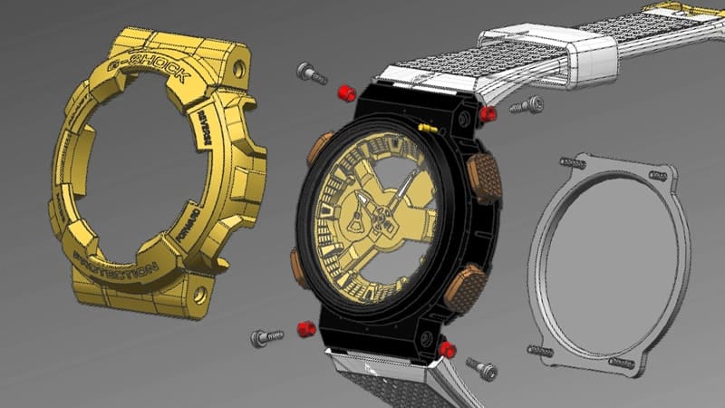 Illustratie van de structuur van de Casio G-Shock GM-110 modellen met metalen ring, binnenkast en achterkant van de kast
