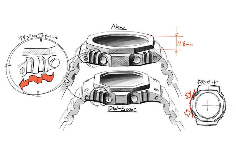 Concept tekening van de kast van het Casio G-Shock DW-5000C polshorloge