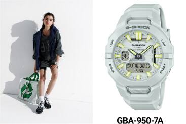 Het witte analoge horloge GBA-950 met ronde kast en harsband naast een vrouw die het horloge draagt en een tas met recycle-thema vasthoudt in een casual outfit.
