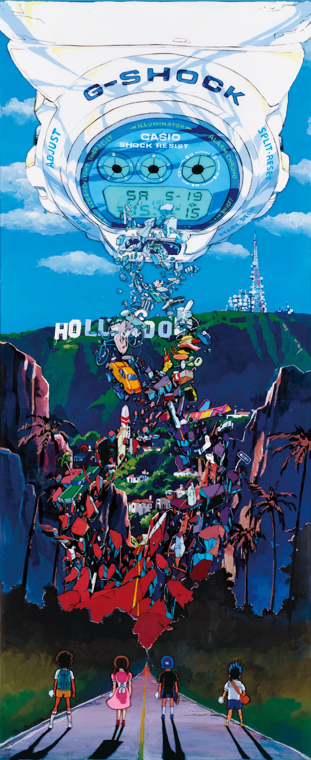 Een kunstwerk van kunstenaar Tatsuya Yokosaka voor de Los Angeles-editie: een gigantische, witte G-Shock met een blauw scherm zweeft boven een Hollywood-landschap. Het trekt allerlei voorwerpen magnetisch naar zijn scherm, zoals auto’s, fietsen, gitaren en verkeersborden. Op een straat op de voorgrond kijken vier kinderen toe.