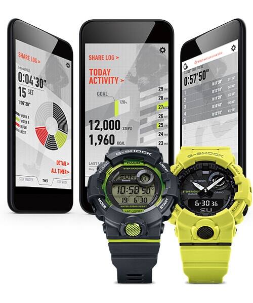 Vooraan: de twee Casio G-Squad running horloges GBA-800-1A en GBA-800-9A, erachter: Drie smartphone-displays met verschillende weergaven van de G-SHOCK Connected app