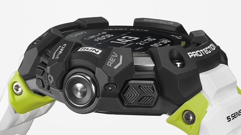 Zicht op de zijkant van de kast van het G-Squad GBD-H1000-1A7 hardloophorloge