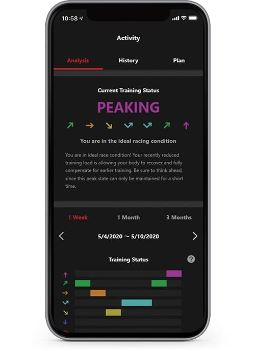 Een smartphone toont trainingsanalysegegevens in de app
