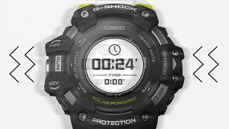 Het display van een Casio G-Squad GBD-H1000 Bluetooth® horloge toont de timerfunctie, zigzaglijnen benadrukken het vibratie-effect