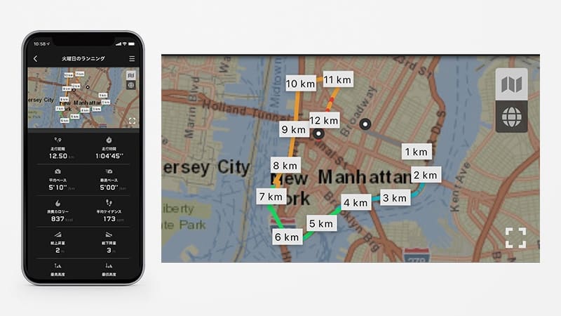 Links: een smartphone toont een kaart van de route, de gelopen stappen en kilometers en de verbrande calorieën in de app, rechts: vergrote uitsnede van de routekaart