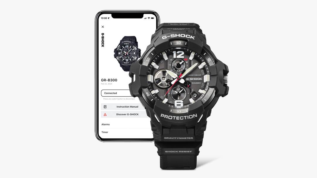 Een zwart Master of G GR-B300 Bluetooth® horloge voor een smartphone met informatie over het horloge op het display