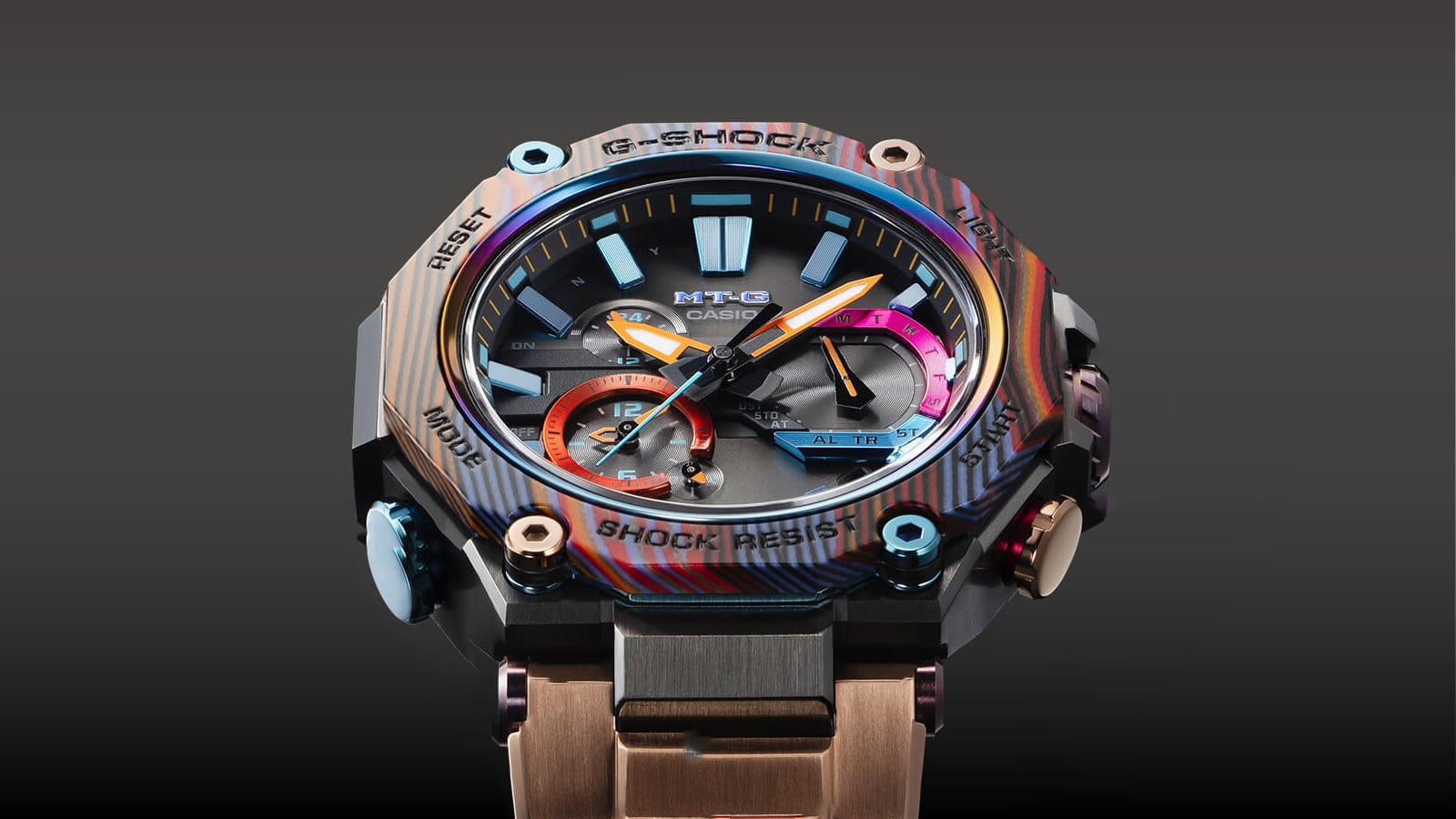 Close-up van de wijzerplaat van de MTG-B2000XMG met roze, turquoise en oranje details