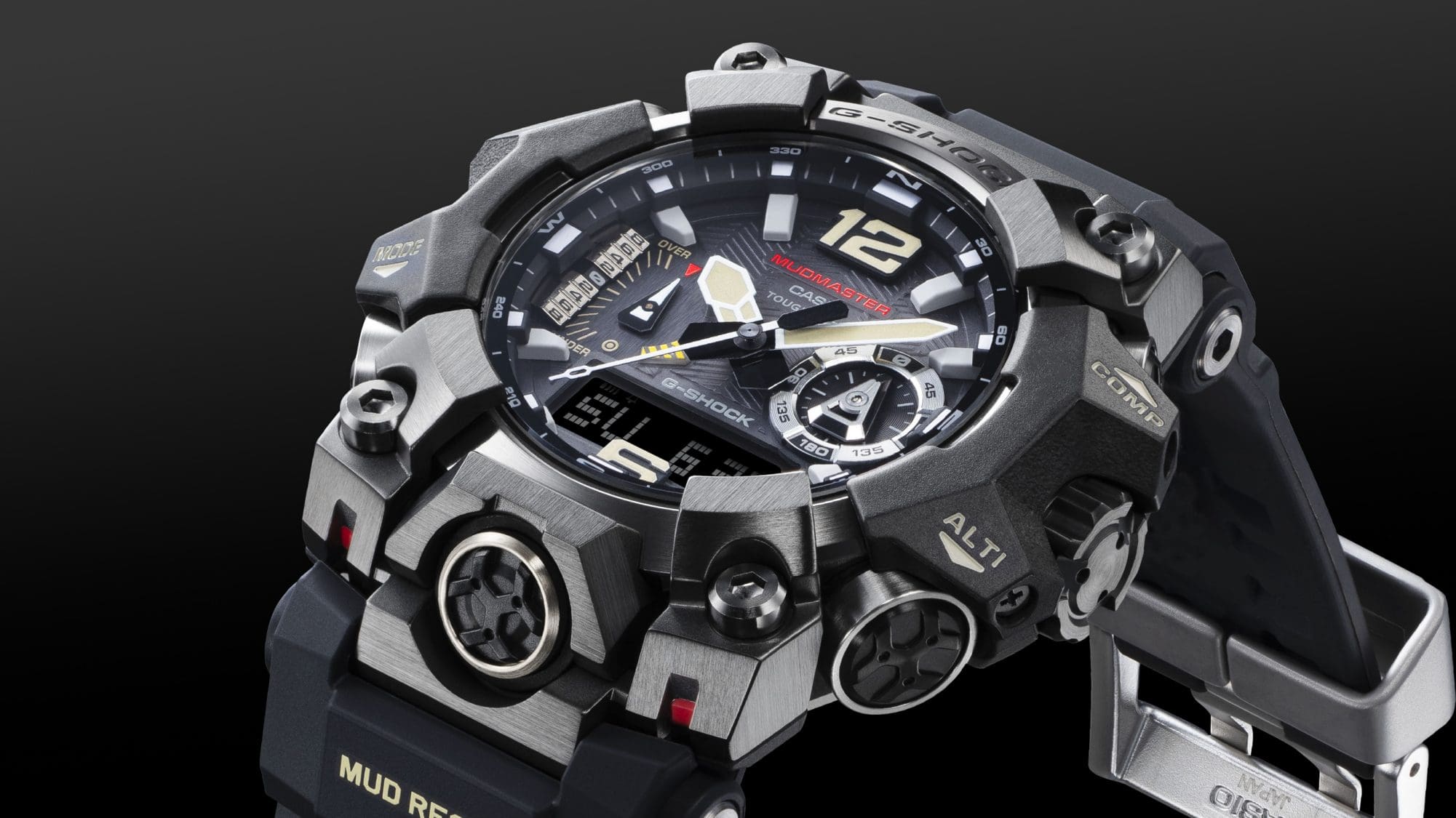 Zijaanzicht van de wijzerplaat en kast van een zwart G-Shock Mudmaster GWG-B1000 outdoorhorloge