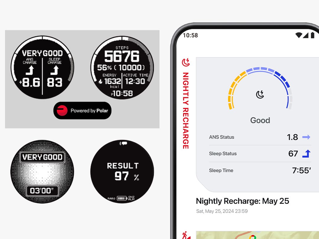 Twee displays met analysegegevens: 1. slaapanalyse, 2. stappenteller, onder het “Powered by Polar” logo, daaronder nog twee displays met de analyses “Very Good” en “Result 98 %”, naast de displays: een smartphone met Nightly Recharge waarden
