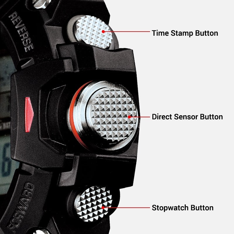Detailweergave van de zilverkleurige bedieningsknoppen aan de zijkant van het GW-9400-1 digitale horloge met functielabels: 1. tijdstempeltoets, 2. knop directe sensor, 3. stopwatchknop