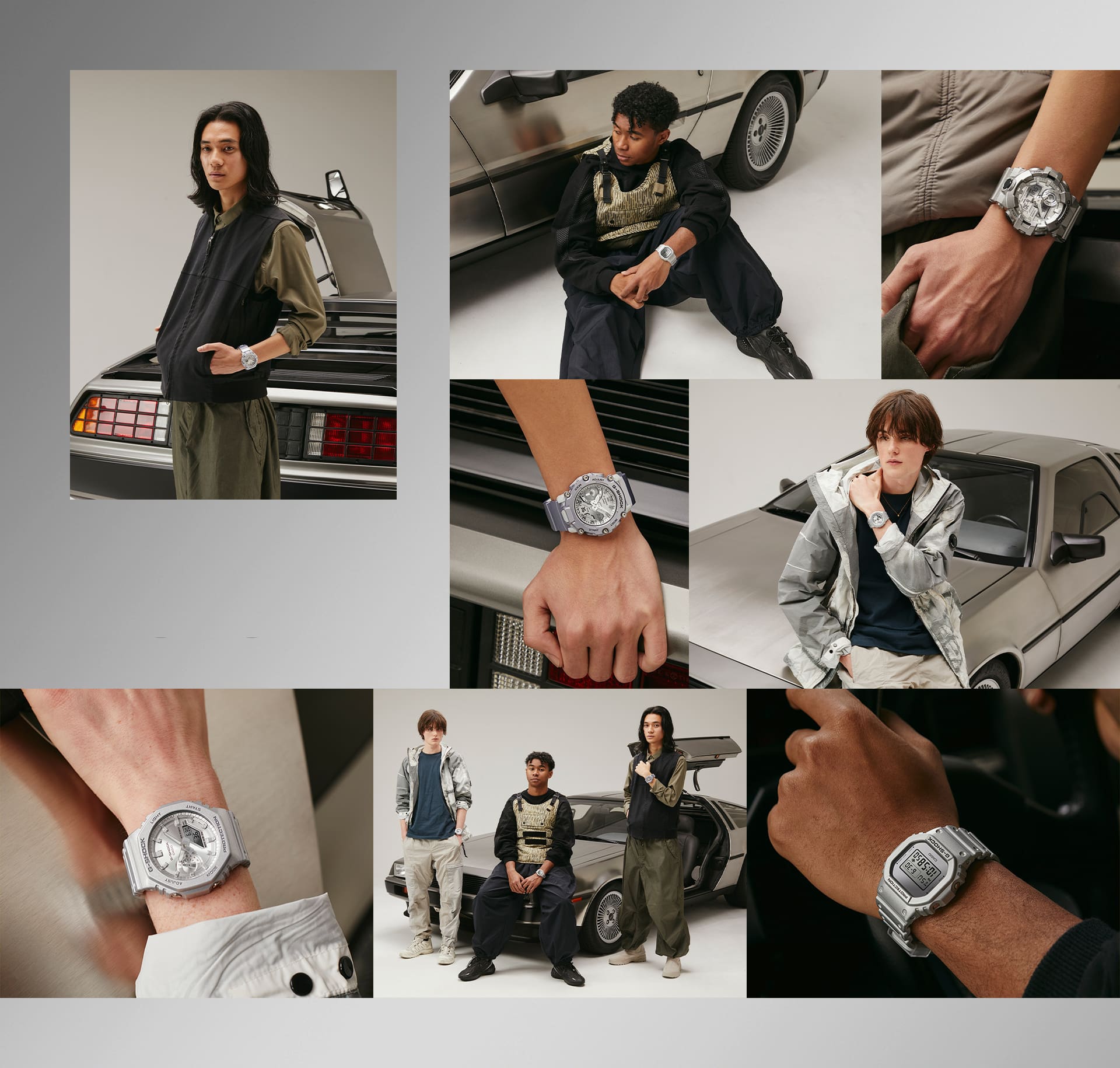 Colagem de fotografias de modelos com relógios G-SHOCK "Forgotten Future" em frente a um Delorean